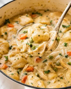 Ladle lifting a dumpling and shredded chicken from a pot of rotisserie chicken dumpling soup.