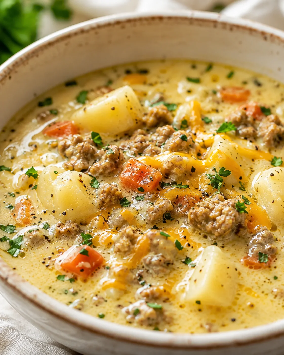 Bowl of sausage potato soup with potatoes, carrots and sausage in a creamy broth