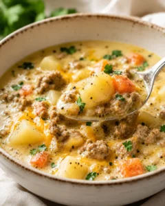 Spoonful of sausage potato soup with potato, carrot and sausage lifted from a bowl