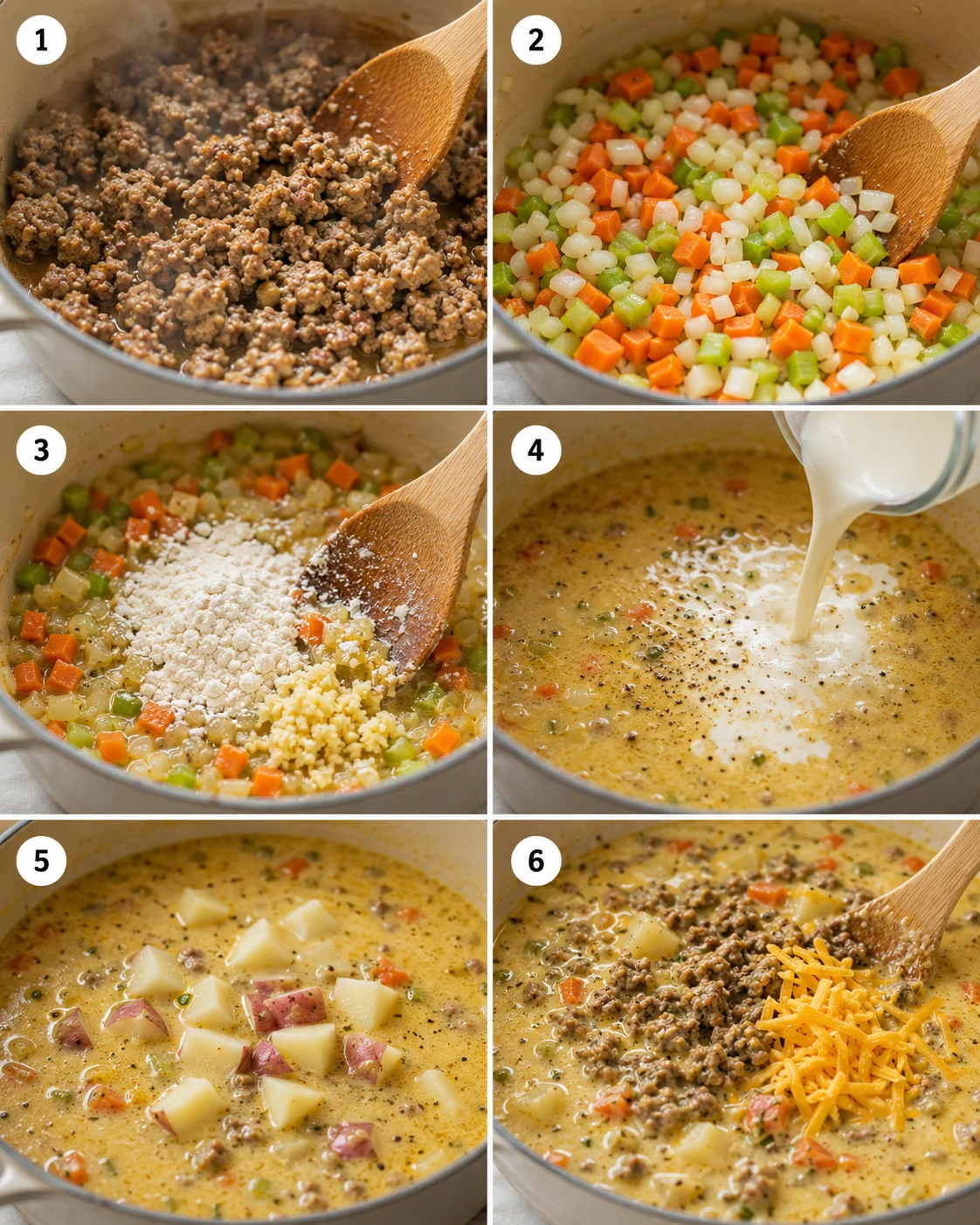 Six-panel collage showing steps of making sausage potato soup: browning sausage, cooking vegetables, adding flour, pouring cream, adding potatoes and stirringin