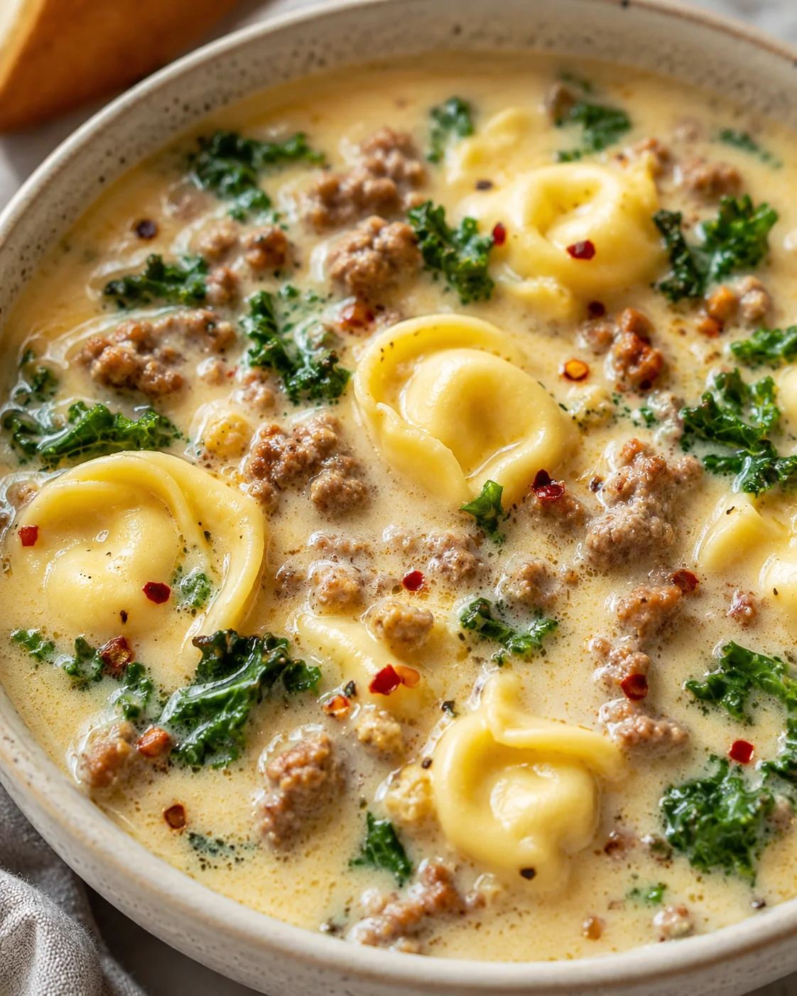 Close-up bowl of sausage tortellini soup with kale in a creamy broth