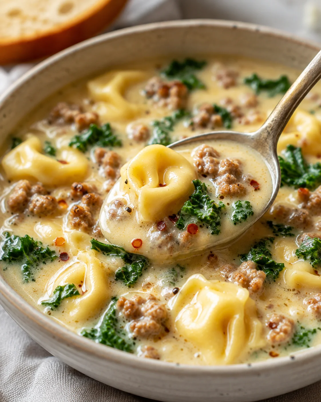 Spoon lifting a tortellini from a bowl of sausage tortellini soup