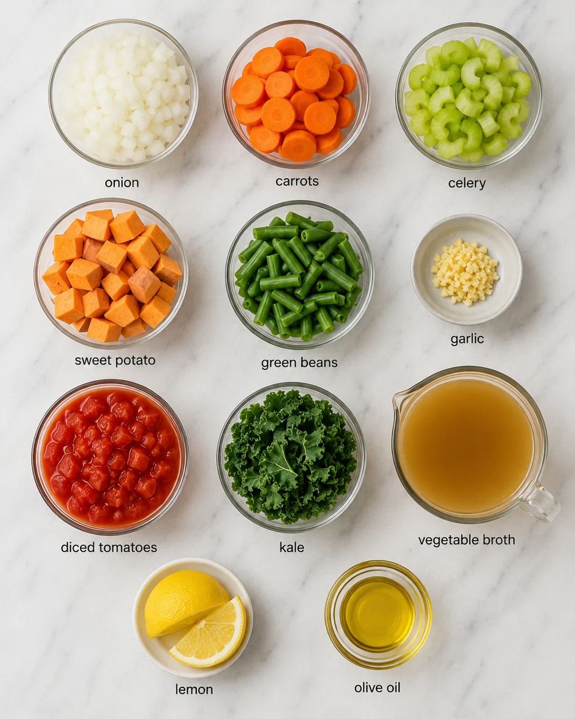 Top-down layout of ingredients for Seriously Good Vegetable Soup in bowls labeled on a marble surface