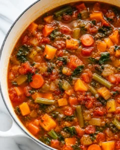 Top-down view of Seriously Good Vegetable Soup in a pot with carrots, sweet potato, kale and tomatoes