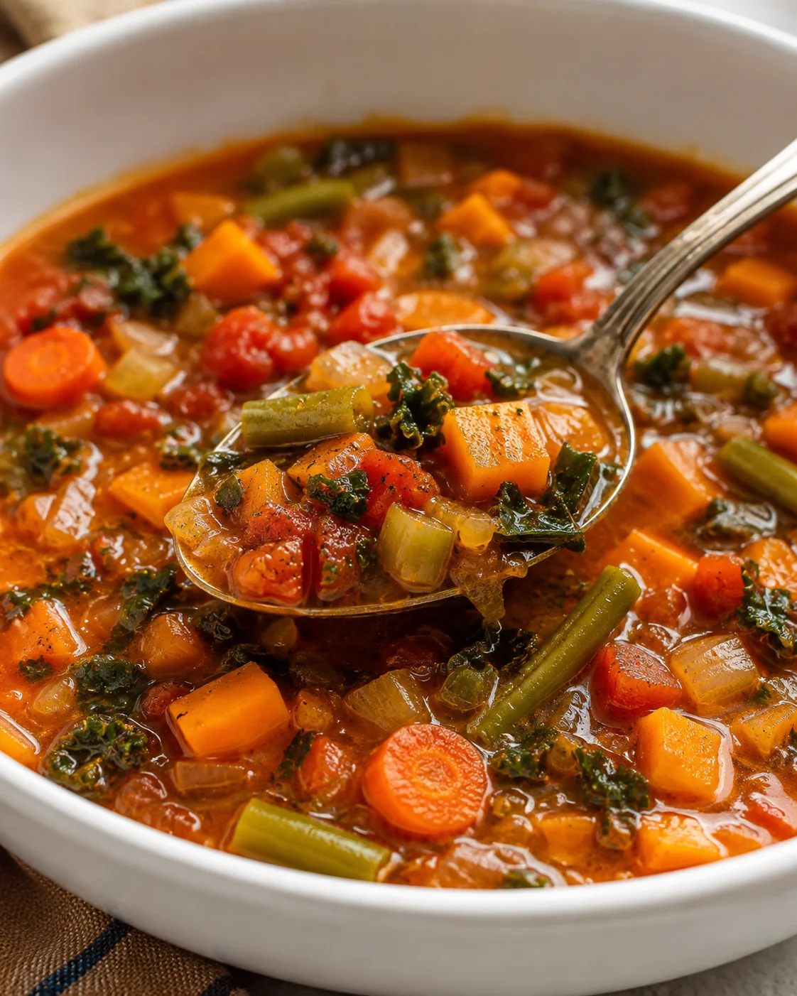 Bowl of Seriously Good Vegetable Soup with a spoon lifting a spoonful of vegetables