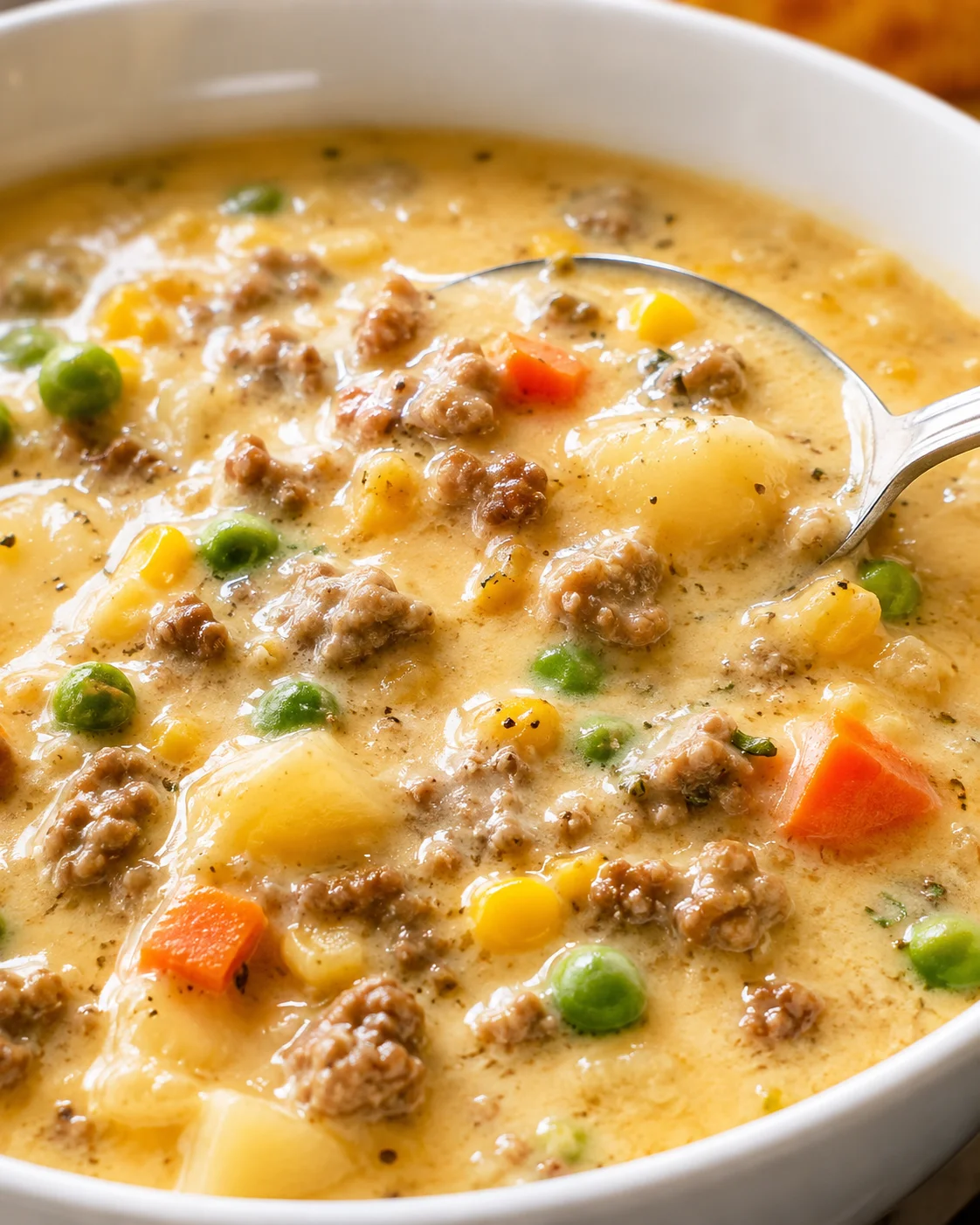 Creamy Shepherd’s Pie Soup in a bowl showing potatoes, peas, corn, carrots and ground beef