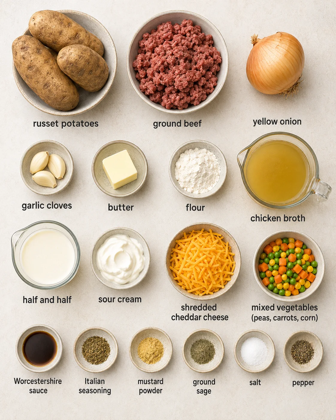 Top-down layout of ingredients for Shepherd’s Pie Soup including potatoes, ground beef, onion, dairy, cheese and seasonings