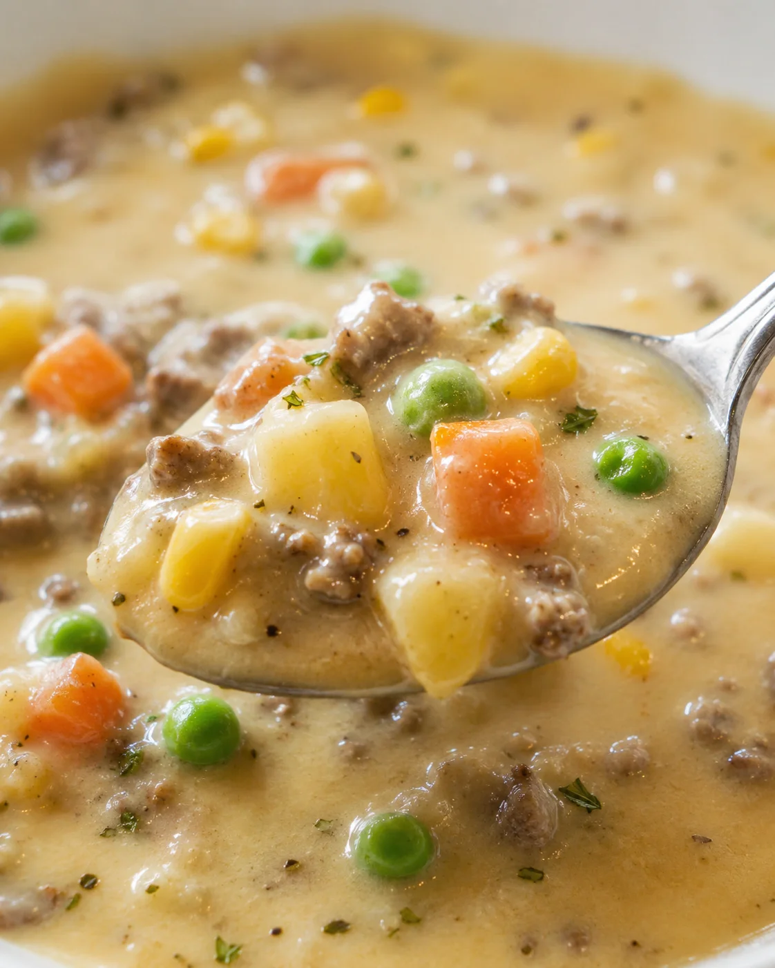 Spoonful of Shepherd’s Pie Soup with potatoes, peas, carrots, corn and ground beef