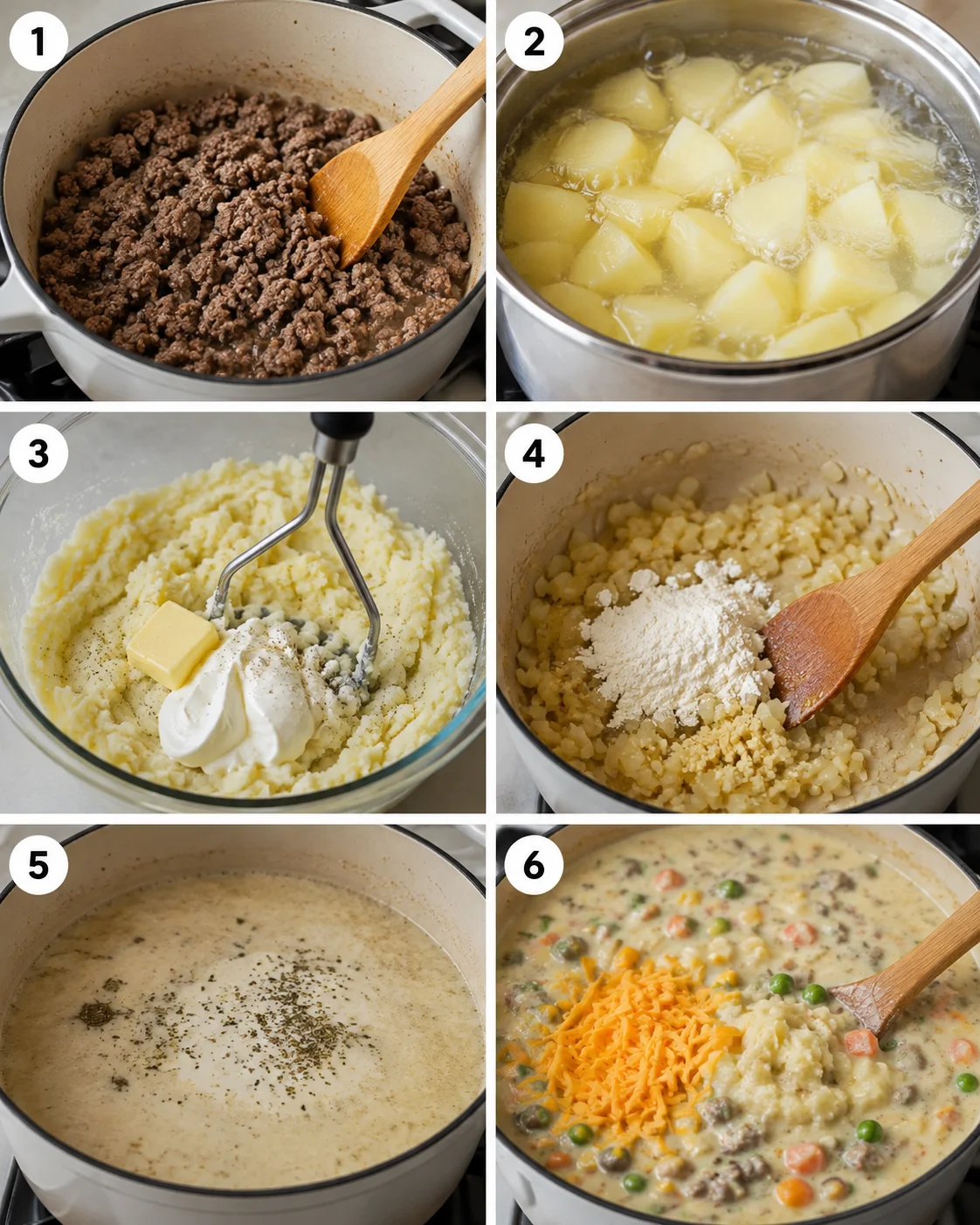 Six-panel sequence showing key steps: browning beef, boiling potatoes, mashing, sautéing, adding broth and stirring in cheese