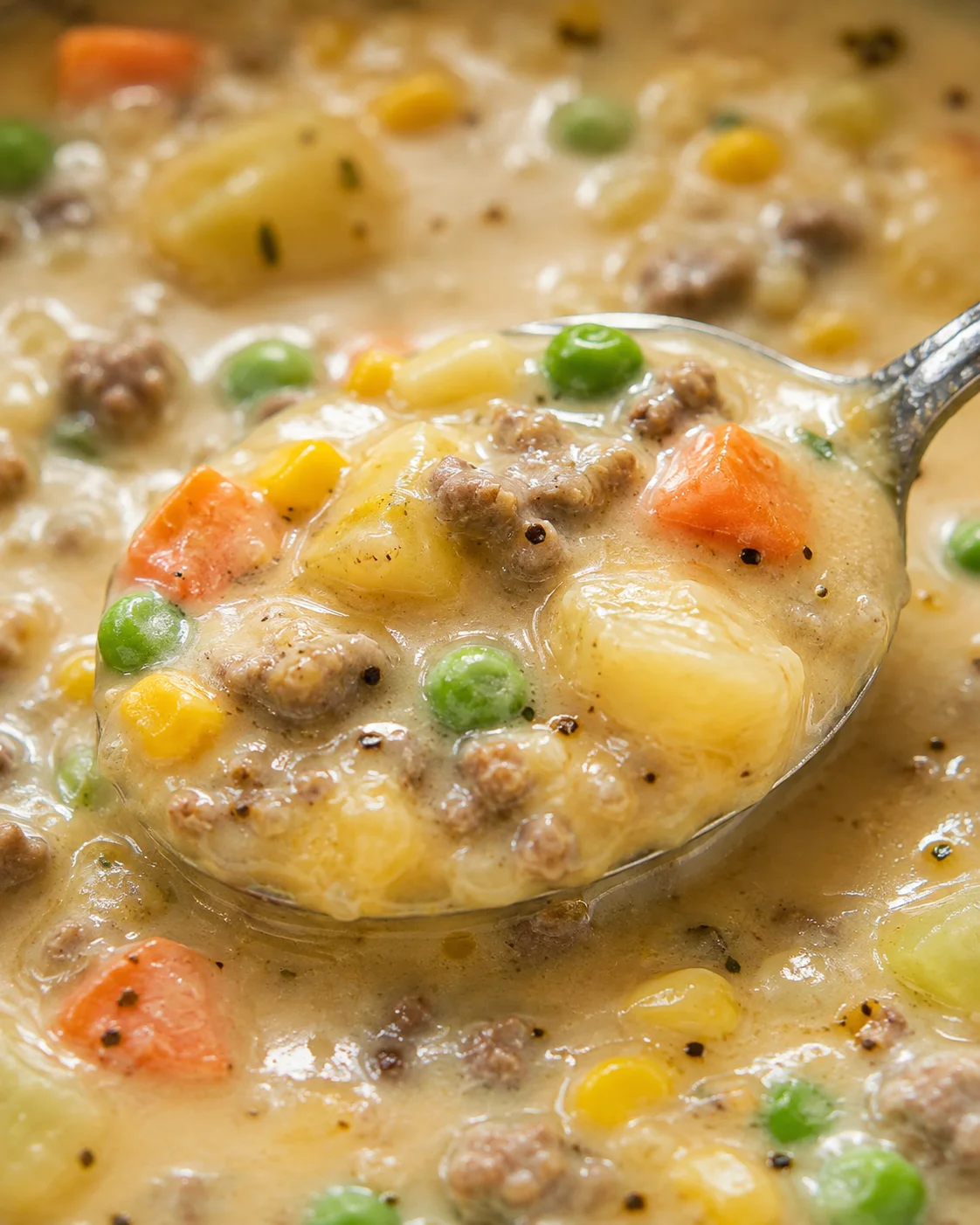 Close-up detail of Shepherd’s Pie Soup texture with melted cheese, potatoes and vegetables