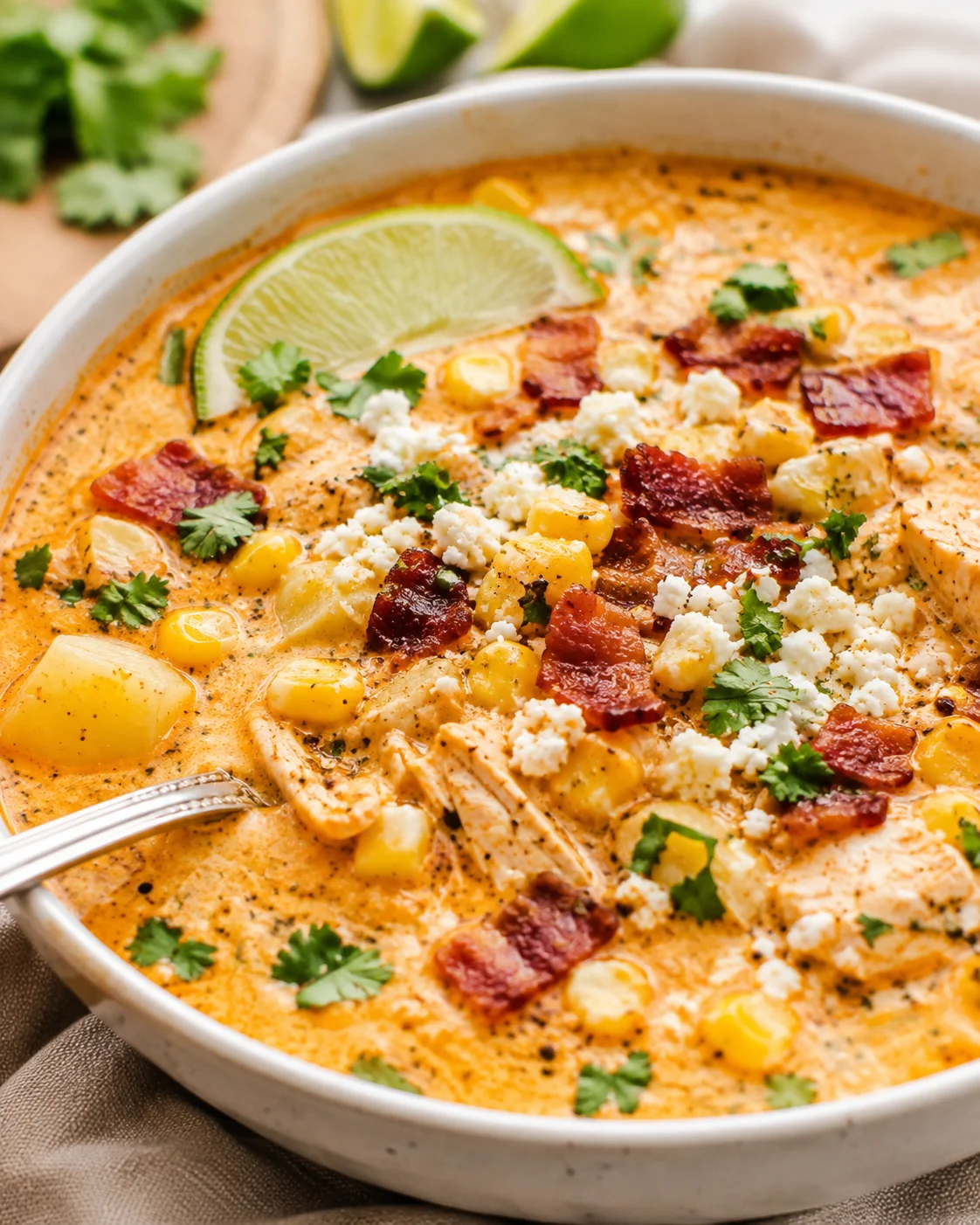 Bowl of slow cooker Mexican street corn soup topped with bacon, cotija cheese, cilantro, and a lime wedge