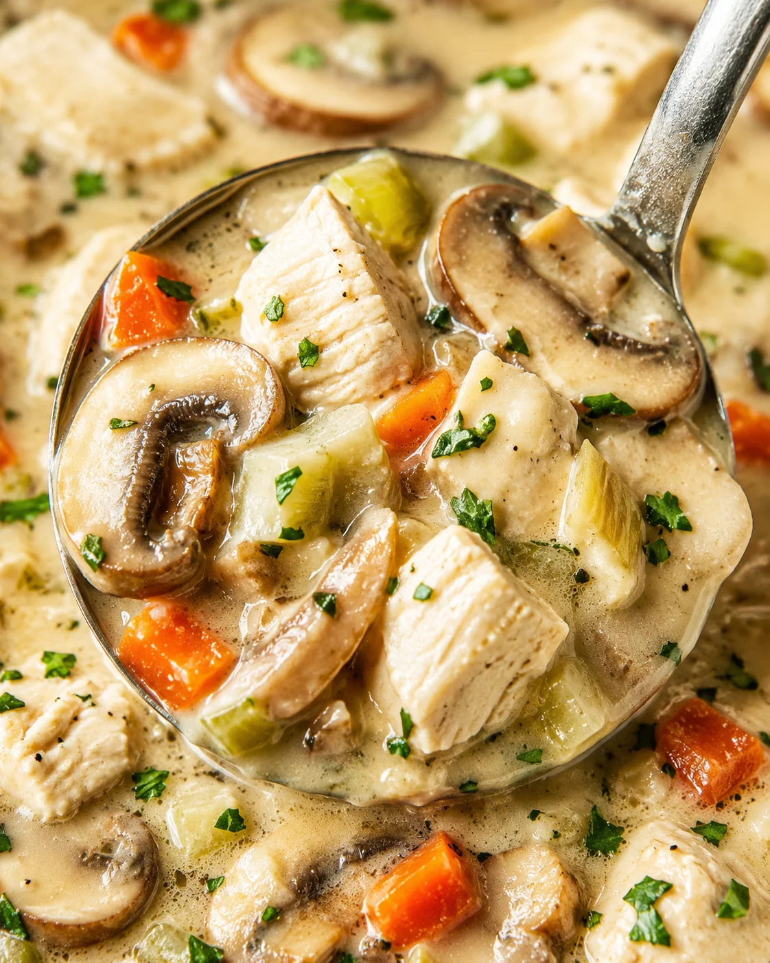 Ladle of creamy chicken and mushroom soup showing chicken, mushrooms and diced vegetables