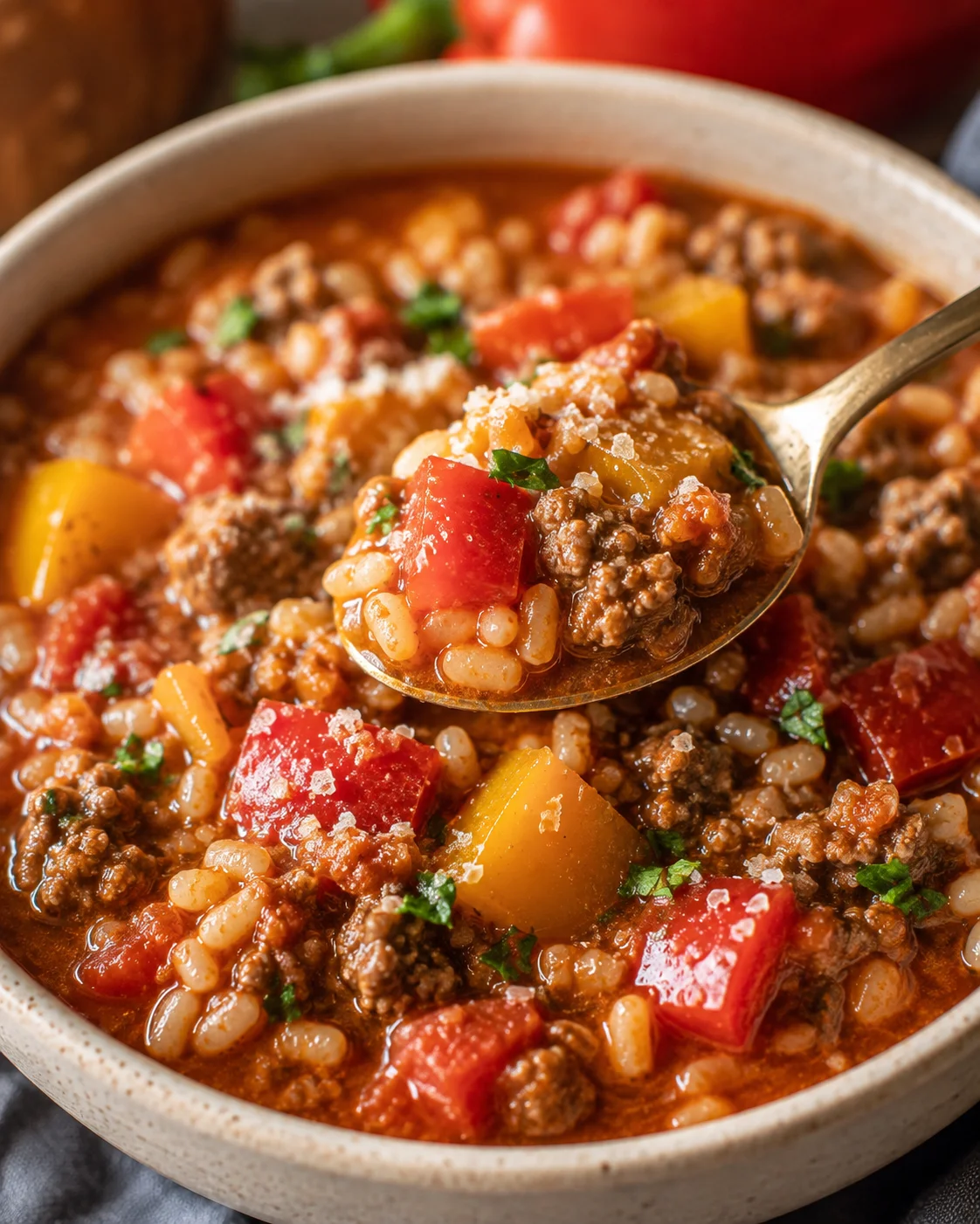 Spoon lifting a bite of stuffed pepper soup showing rice, beef, and diced peppers