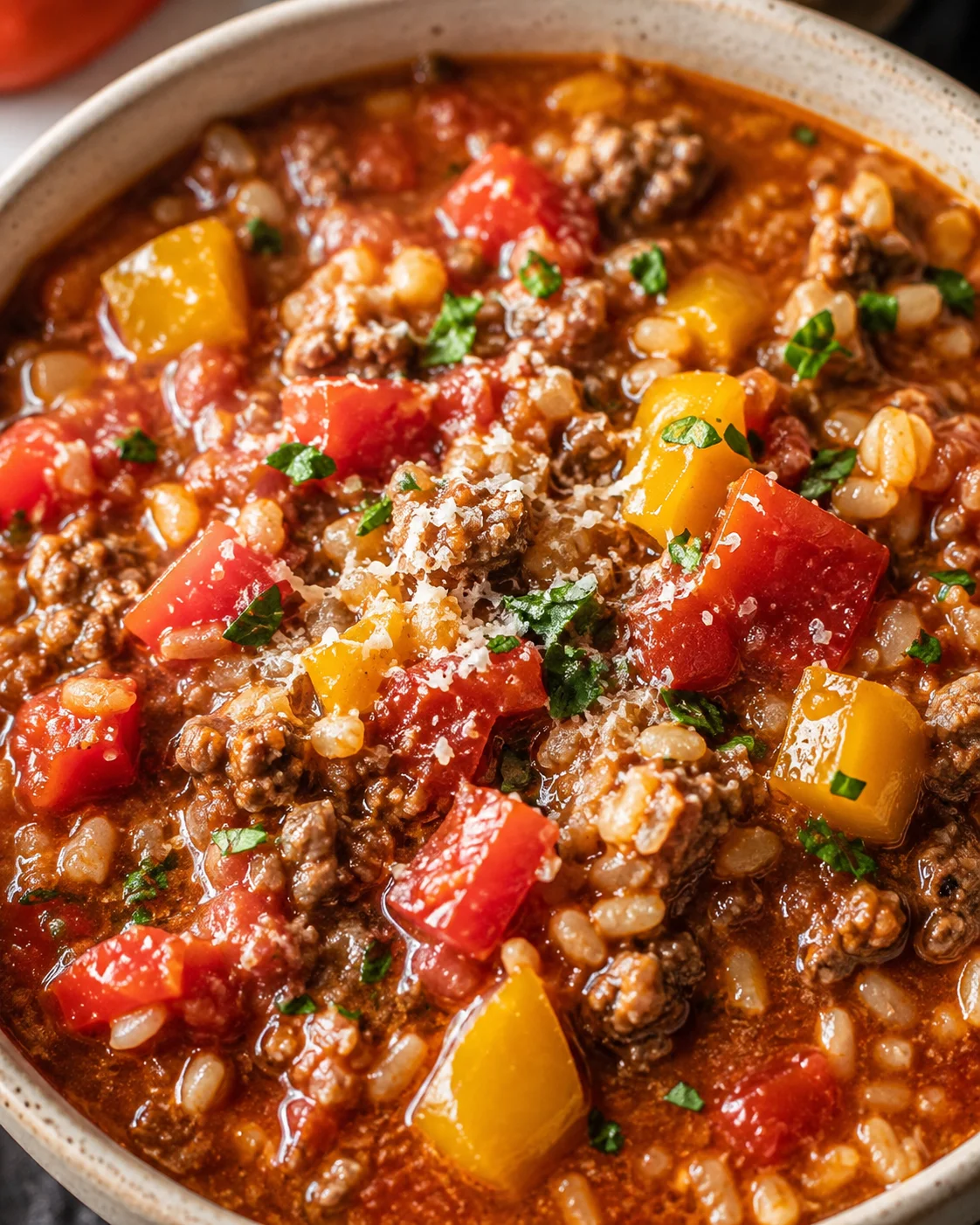 Close-up of stuffed pepper soup with ground beef, red and yellow bell peppers, rice, and grated cheese