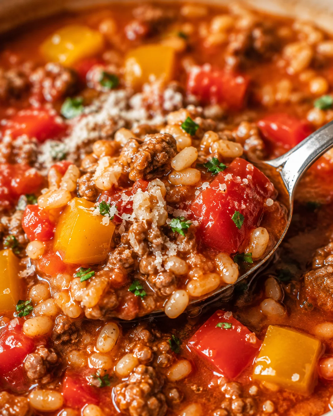 Close detail of stuffed pepper soup showing rice, ground beef, diced peppers and grated cheese