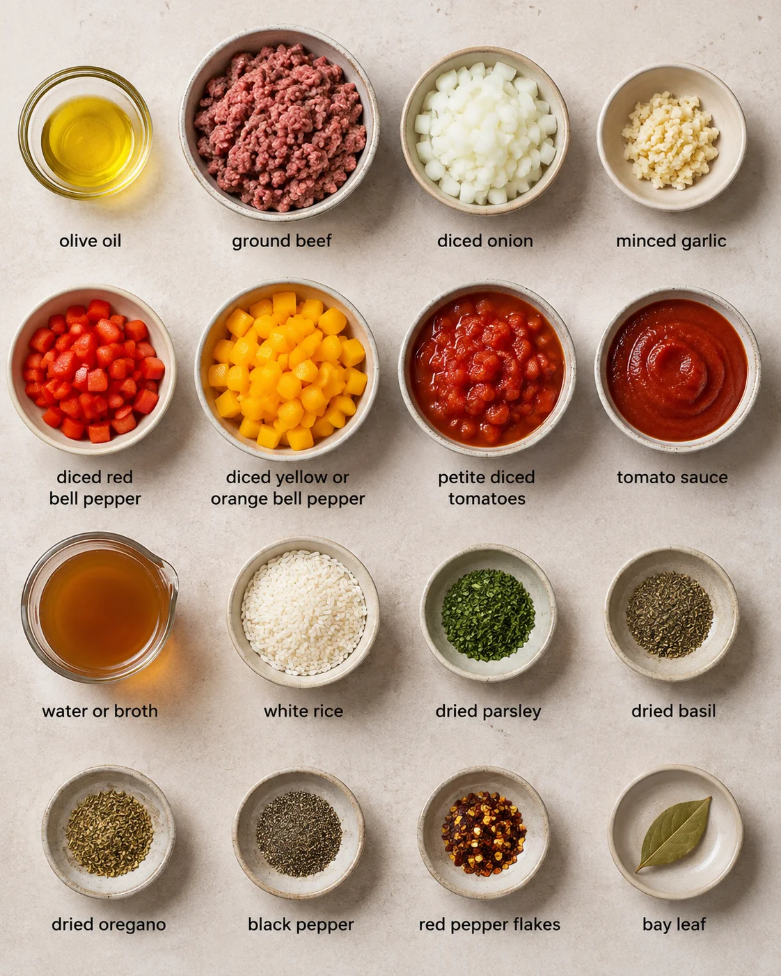 Top-down layout of ingredients for stuffed pepper soup including ground beef, rice, peppers, tomatoes and spices