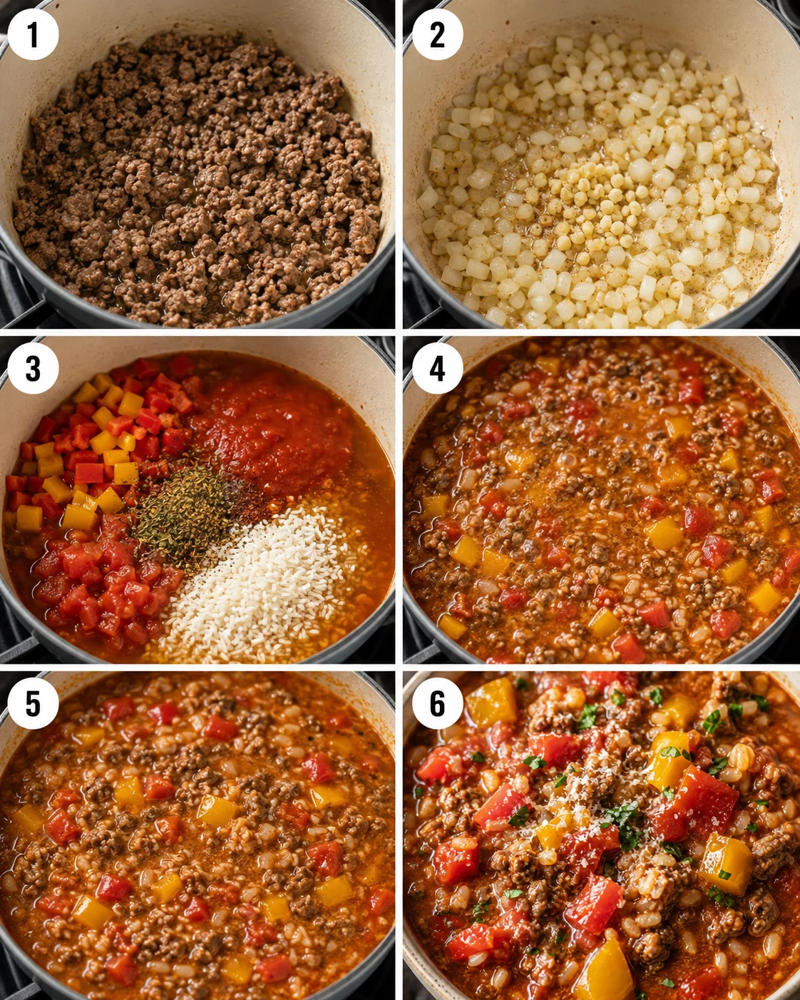 Collage of six cooking steps showing browning beef, sautéing onions, adding tomatoes and rice, simmering and finished soup