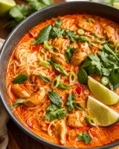 Bowl of Thai red curry noodle soup with chicken, rice noodles, herbs and lime wedges