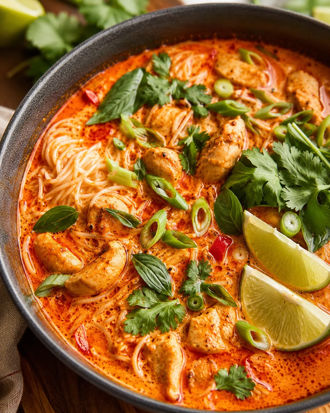 Bowl of Thai red curry noodle soup with chicken, rice noodles, herbs and lime wedges