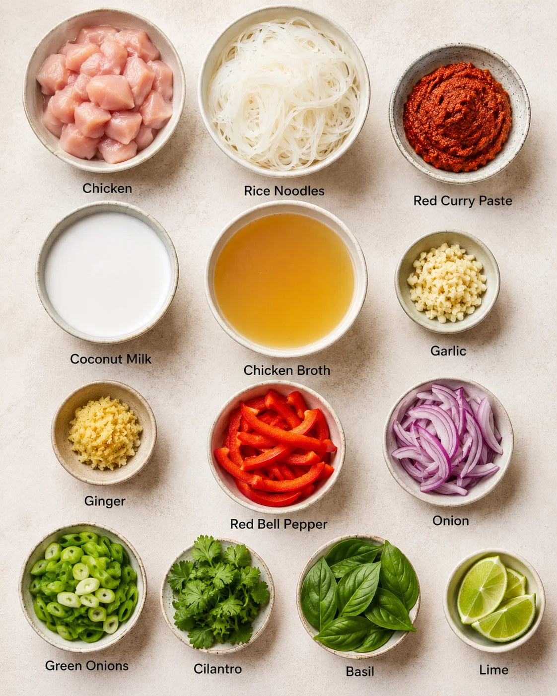 Top-down layout of ingredients for Thai red curry noodle soup in small bowls