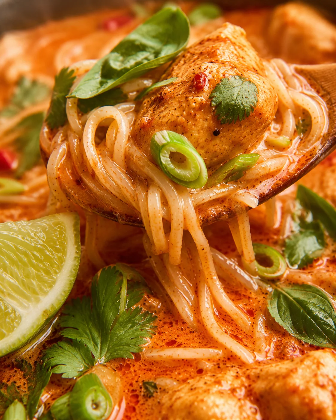 Spoon holding a piece of chicken and rice noodles from Thai red curry noodle soup