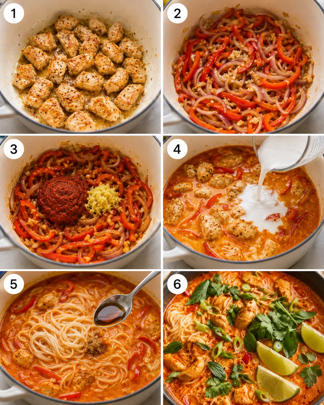 Six-panel step-by-step photo collage showing cooking stages of Thai red curry noodle soup