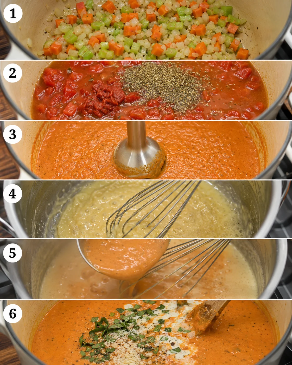 Collage of numbered steps showing cooking and finishing stages for creamy tomato basil soup
