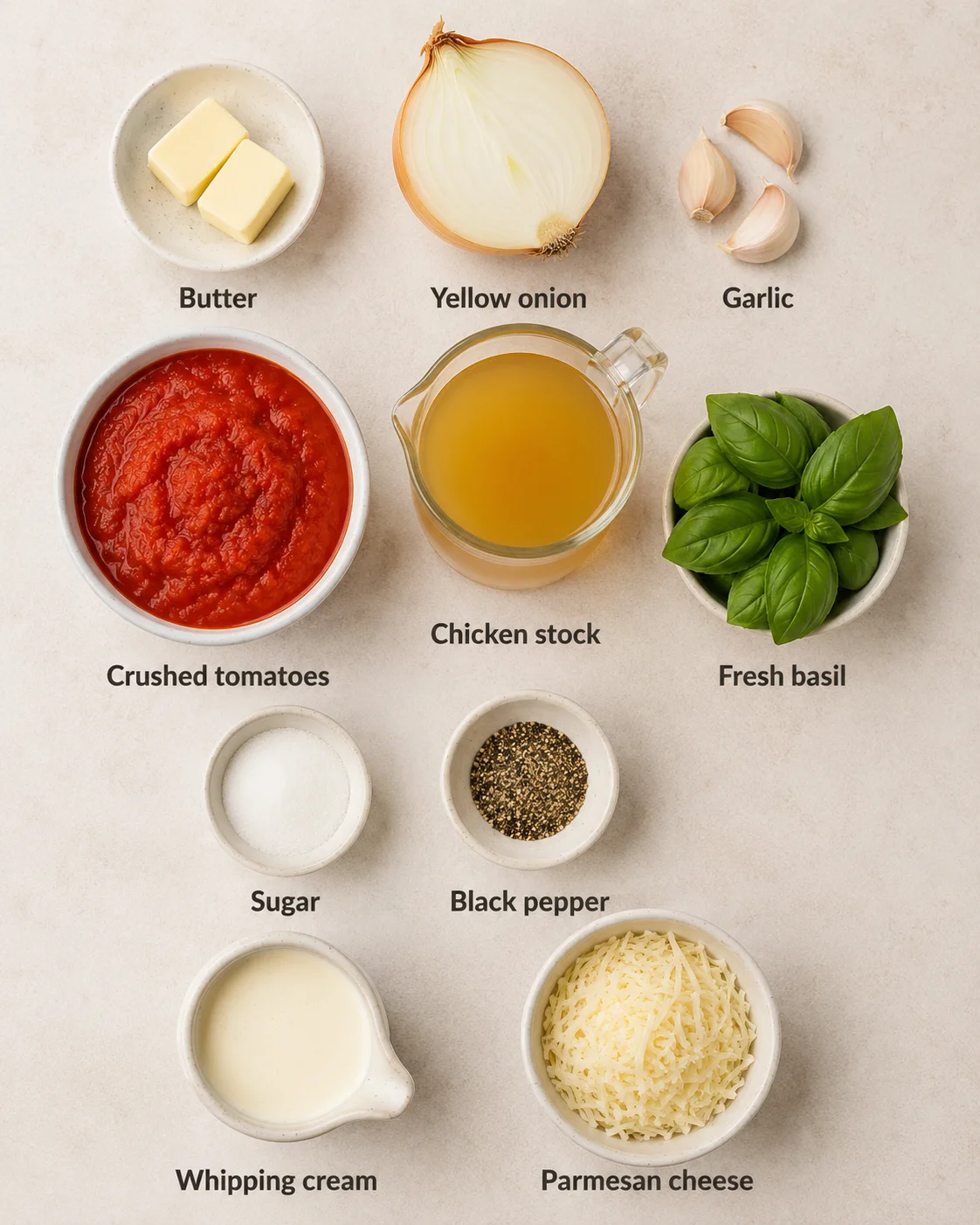 Top-down arrangement of tomato soup ingredients including crushed tomatoes, onion, garlic, butter, stock, cream, basil and parmesan