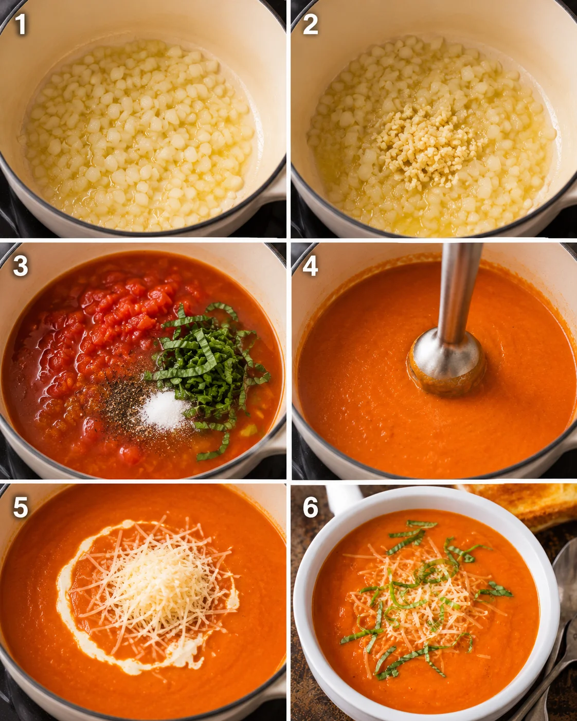 Six-panel collage showing sautéing onions, adding garlic, tomatoes and basil, blending, adding cream and cheese, and finished soup